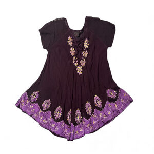 Vintage Boho Embroidered Tunic Purple Cottagecore Festival Peasant Size Rayon